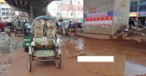 যাত্রাবাড়ী মোড় থেকে হানিফ ফ্লাইওভারের নিচে চারদিকে খানাখন্দে ভরা চলাচলে ভোগান্তি