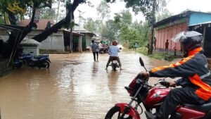 ঝিনাইগাতীতে পাহাড়ি ঢলে নদীর বাঁধ তলিয়ে বসতবাড়িতে পানি প্রবেশ করছে