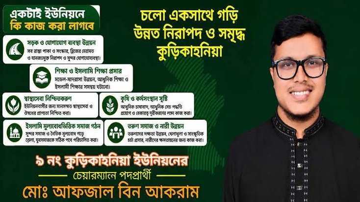মাদক, সন্ত্রাস ও চাঁদাবাজমুক্ত সমাজ গড়ার প্রত্যয় নিয়ে ৯ নং কুড়িকাহনীয়া ইউনিয়ন পরিষদ চেয়ারম্যান পদে প্রার্থী আকরাম 